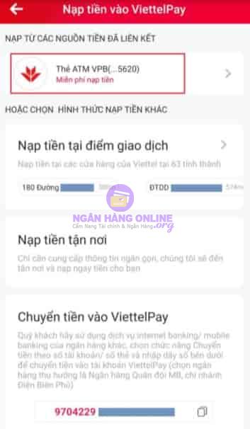 Cách nạp tiền vào Viettelpay bằng Internet banking 02